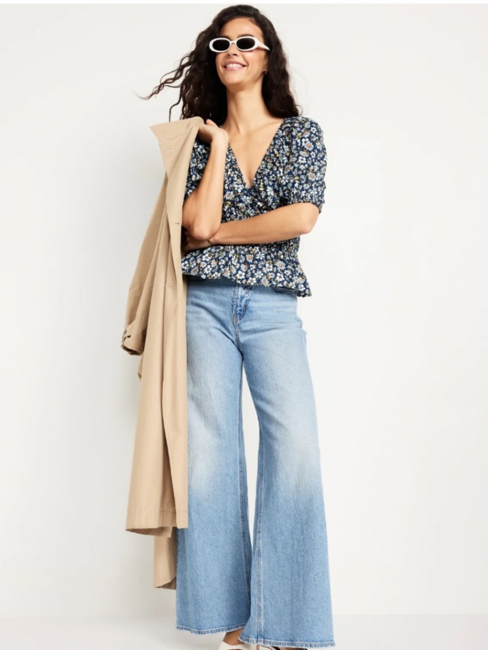 Smocked V-Neck Peplum Top